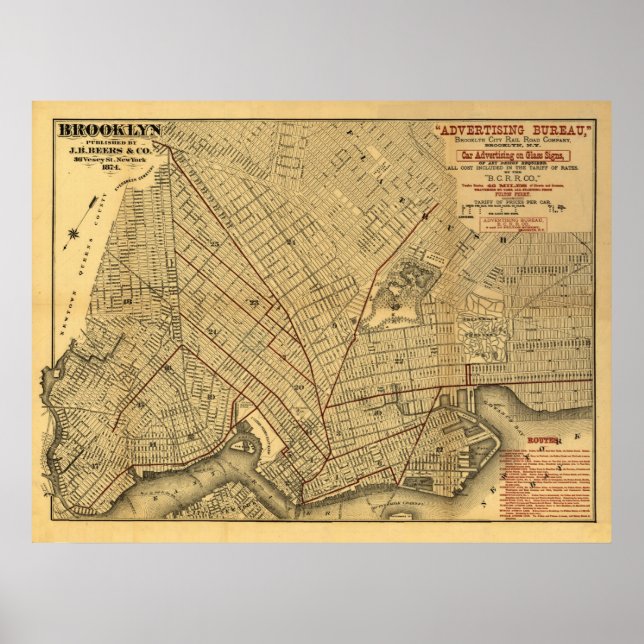 Poster Carte ferroviaire de Brooklyn 1874 (Devant)