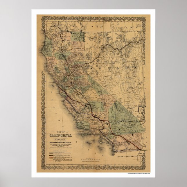 Poster Carte ferroviaire de Californie et Nevada 1876 (Devant)