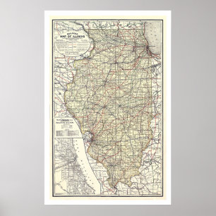 Poster Carte Ferroviaire De L'Illinois 1898