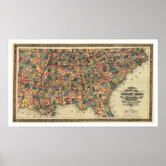 Poster Carte ferroviaire des États du Sud 1864 (Devant)