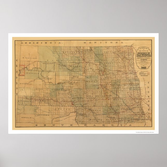 Poster Carte ferroviaire du Dakota du Nord 1892 (Devant)