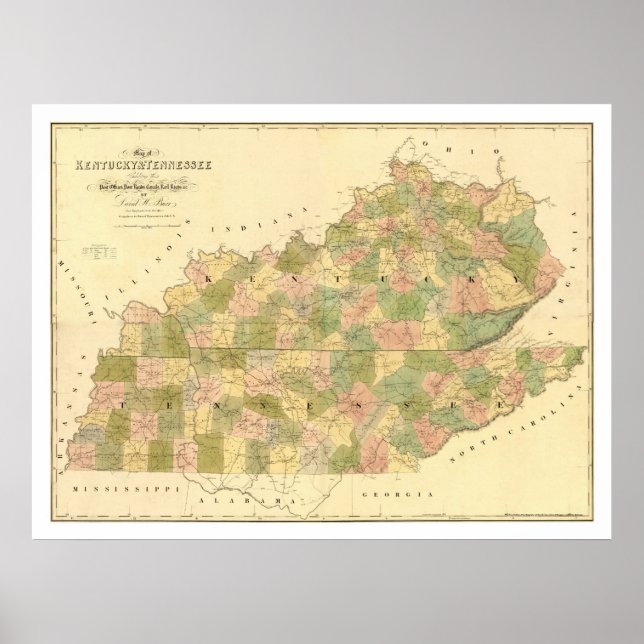 Poster Carte ferroviaire du Kentucky et du Tennessee 1839 (Devant)