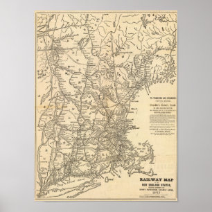 Poster Carte ferroviaire États de la Nouvelle-Angleterre