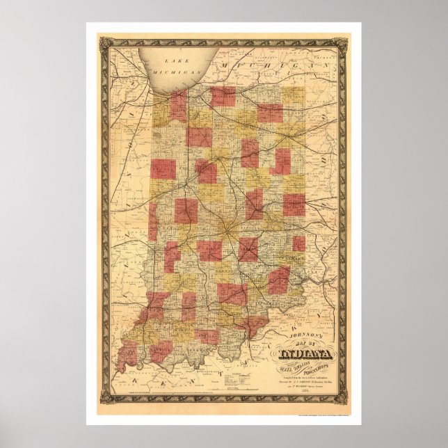 Poster Carte ferroviaire Indiana 1858 (Devant)