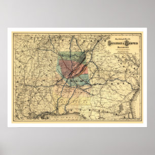Poster Carte ferroviaire Savannah & Memphis 1872