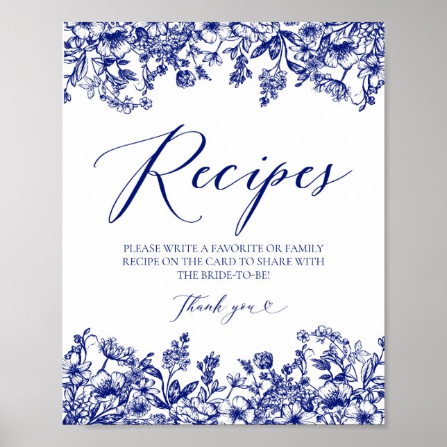 Poster Carte Floral Bleu Recette Signe Laisser Votre Rece (Devant)
