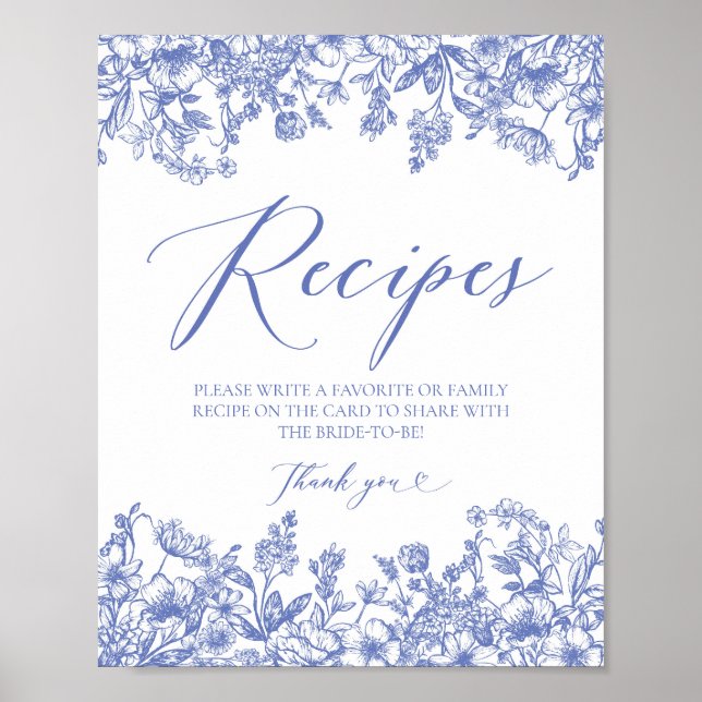 Poster Carte Floral Bleu Recette Signe Laisser Votre Rece (Devant)