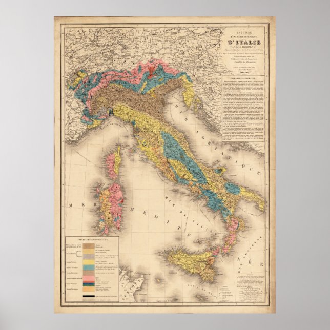 Poster Carte géologique de l'Italie vintage (1844) (Devant)