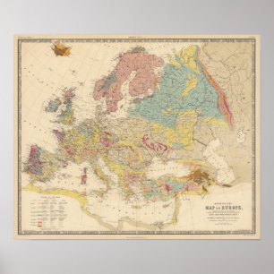 Poster Carte géologique vintage de l'Europe (1856)