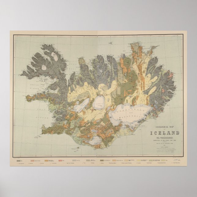 Poster Carte géologique vintage de l'Islande (1901) (Devant)