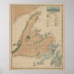 Poster Carte géologique vintage de Terre-Neuve (1875)