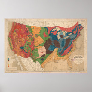 Poster Carte géologique vintage des États-Unis (1872)