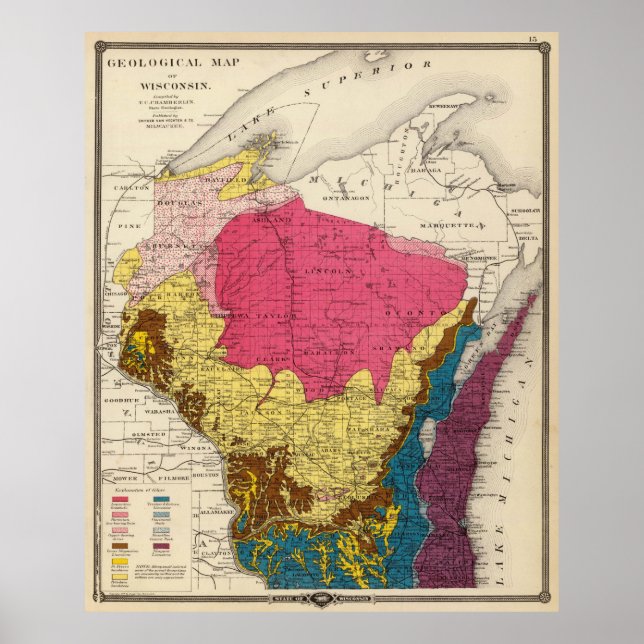 Poster Carte géologique vintage du Wisconsin (1878) (Devant)