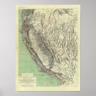 Poster Carte géomorphique, Californie, Nevada