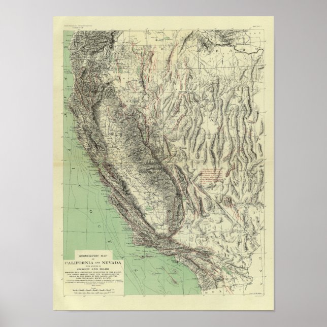 Poster Carte géomorphique, Californie, Nevada (Devant)