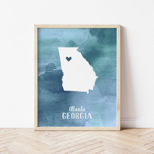 Poster Carte Géorgie Aquarelle bleue Art personnalisé Imp