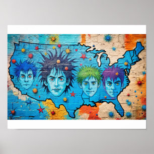Poster Carte Grafitti Watercolor USA