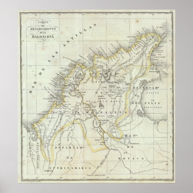 Poster Carte gravée de la Colombie (Devant)