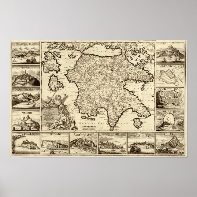 Poster Carte Grèce/Péloponnèse grecque 1688 (Devant)