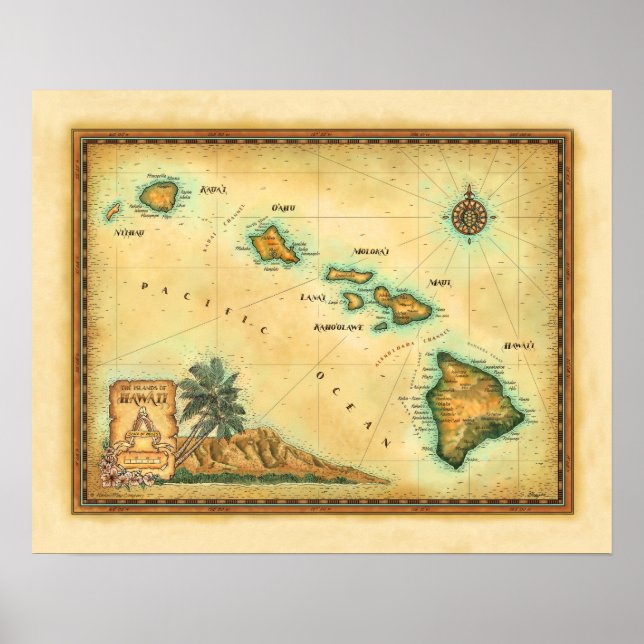 Poster Carte Hawaii, Tailles 1 (Devant)