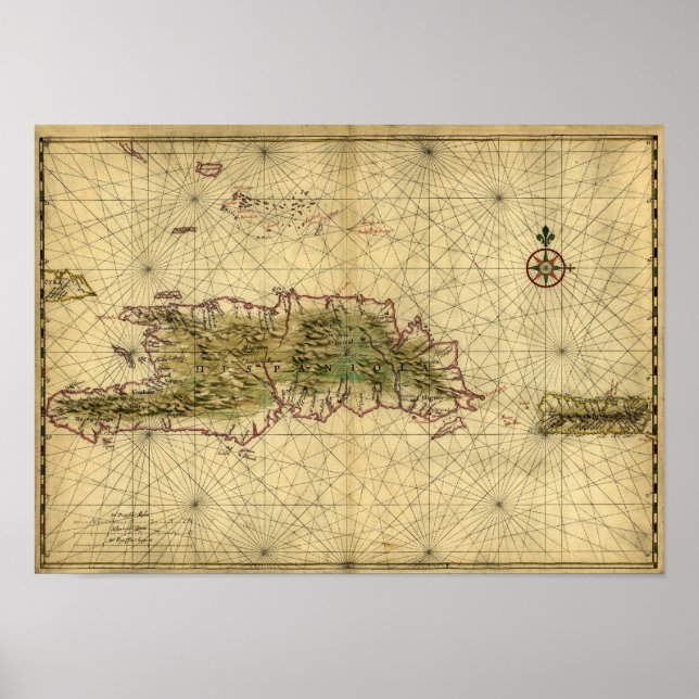 Poster Carte historique 1639 d'Hispaniola - Joan Vinckebo (Devant)