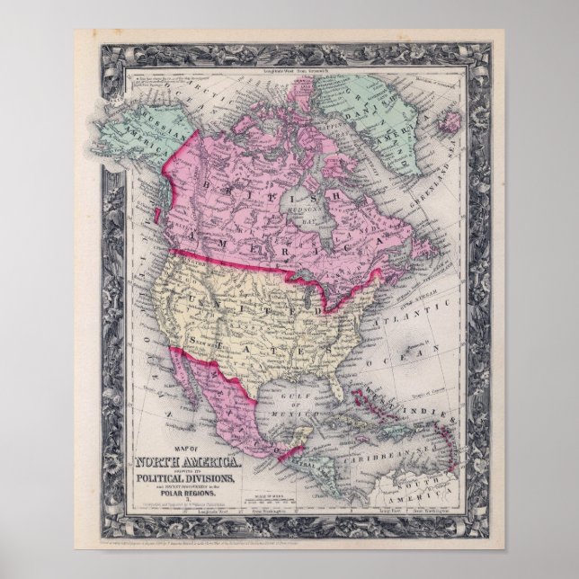 Poster Carte historique de 1860 de l'Amérique du Nord (Devant)