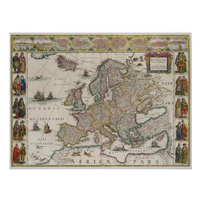 Poster Carte historique de l'Europe (par Willem Blaeu) (Devant)