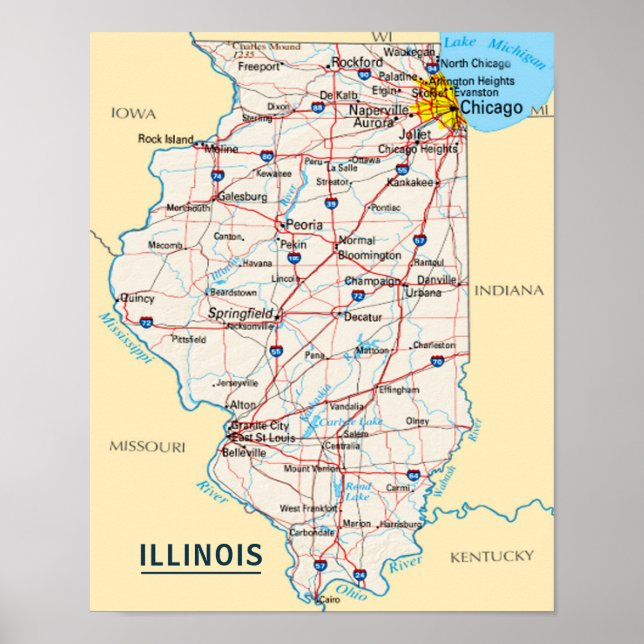 Poster Carte Illinois Destination Voyage pour la maison o (Devant)