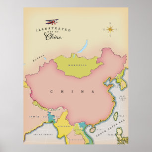 Poster Carte illustrée de la Chine