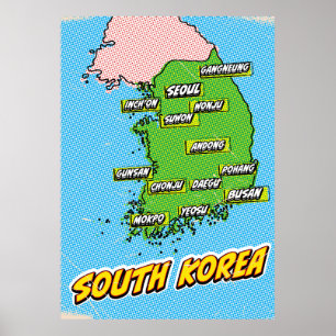 Poster Carte illustrée de la Corée du Sud dans le style P