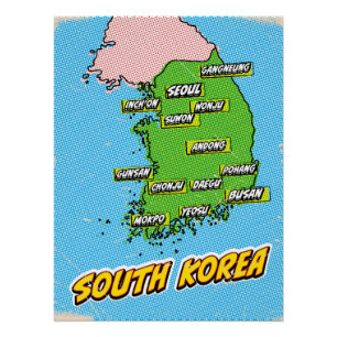 Poster Carte illustrée de la Corée du Sud dans le style P