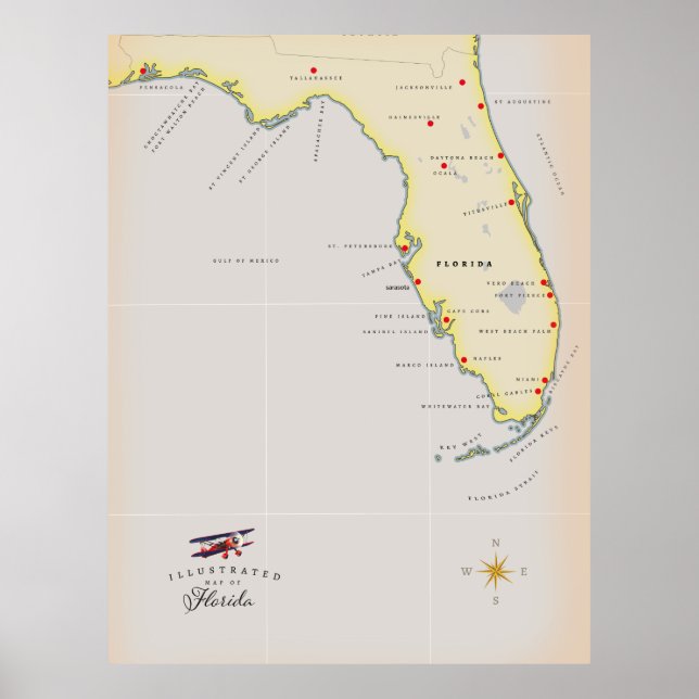 Poster Carte illustrée de la Floride (Devant)