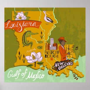 Poster Carte illustrée de la Louisiane : faits saillants 