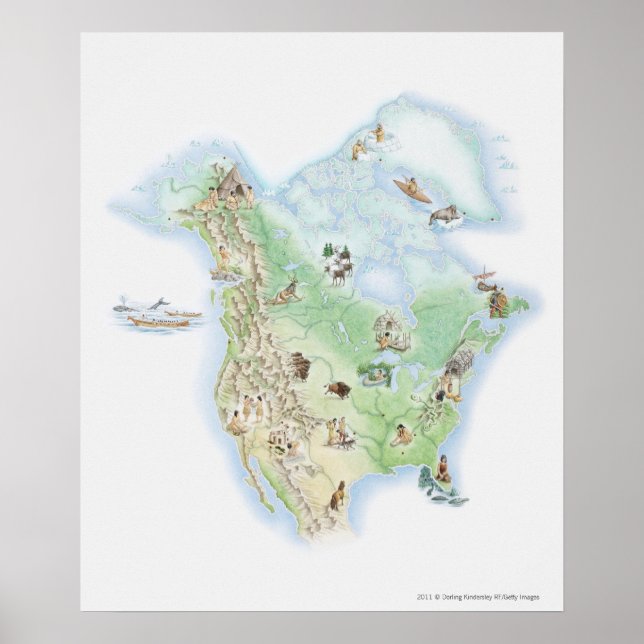 Poster Carte illustrée de l'Amérique du Nord (Devant)