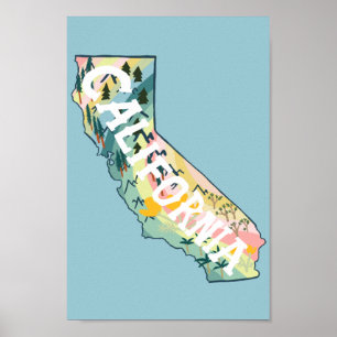 Poster Carte illustrée de l'État de Californie