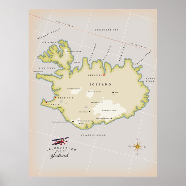 Poster Carte illustrée de l'Islande (Devant)
