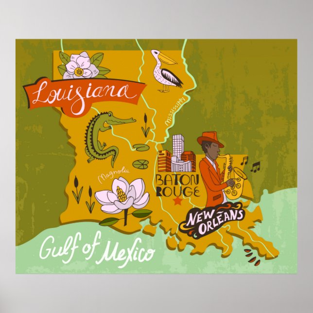 Poster Carte illustrée de Louisiane, USA. Voyage et attr (Devant)
