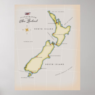 Poster Carte illustrée de Nouvelle-Zélande