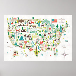 Poster Carte illustrée des États-Unis