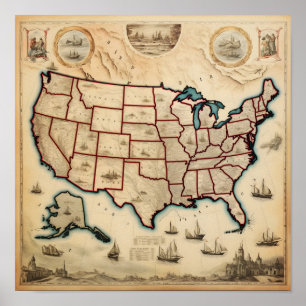 Poster Carte illustrée des États-Unis