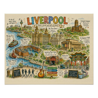 Poster Carte illustrée des monuments et de la musique de 