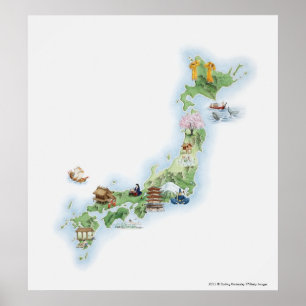 Poster Carte illustrée du Japon antique