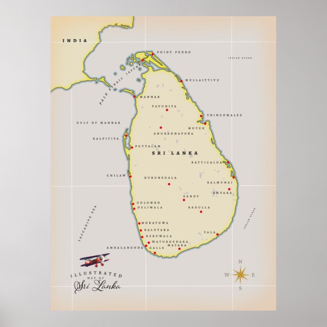 Poster Carte illustrée du Sri Lanka (Devant)