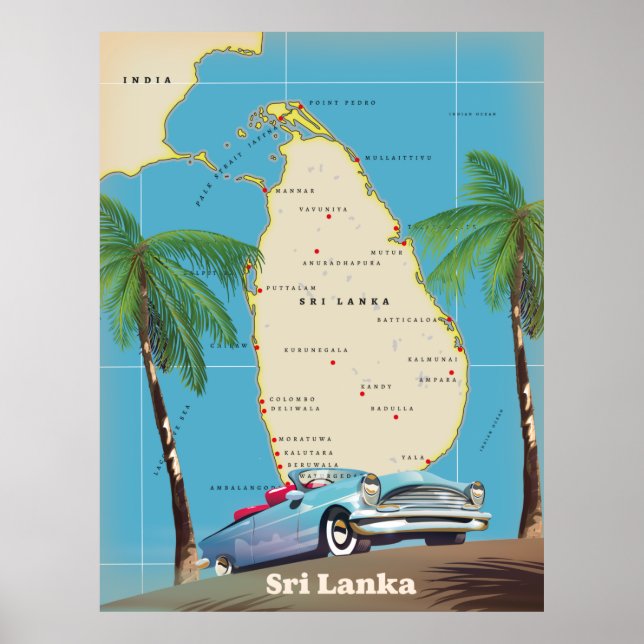 Poster Carte illustrée du Sri Lanka (Devant)