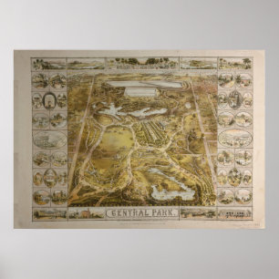 Poster Carte imagée vintage du Central Park NYC (1863)