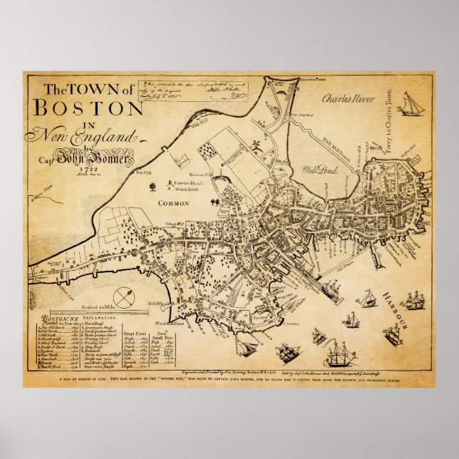Poster Carte la plus ancienne connue de Boston 1722 (Devant)