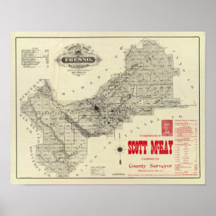 Poster Carte le comté de Fresno, la Californie