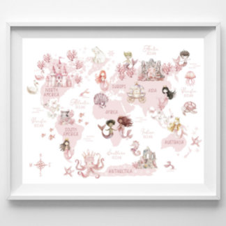 Poster Carte Magique du Monde des Filles, Sirènes Roses e