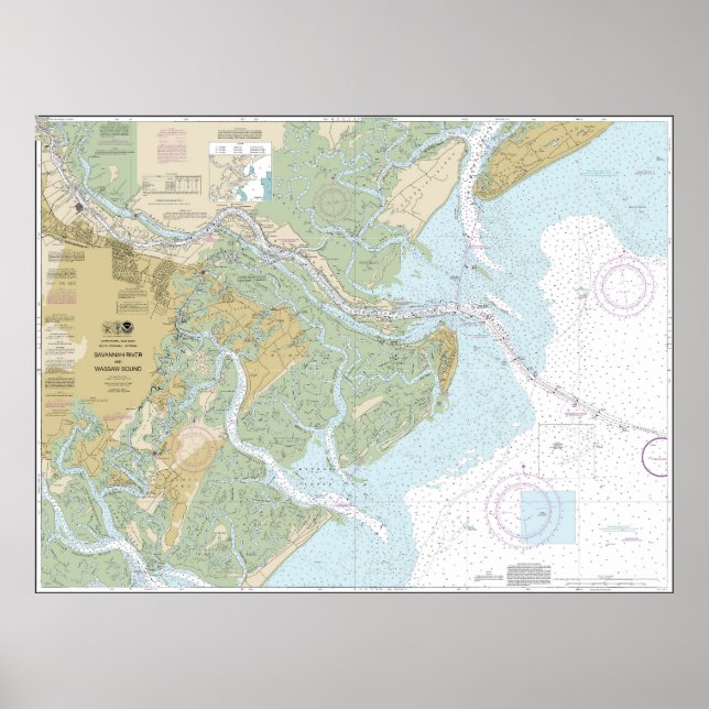Poster Carte marine de la rivière Savannah et du détroit  (Devant)