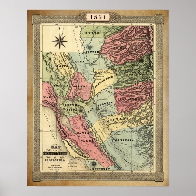 Poster Carte minière de Californie en 1851 (Devant)